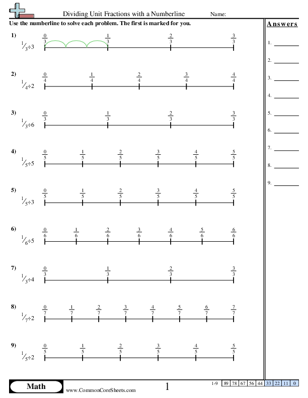 Numberline Unit Fraction by Whole worksheet
